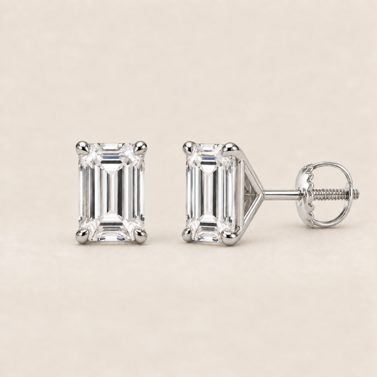 Emerald lab-grown diamond stud earrings, 14K white gold, 2 CT total weight per pair, martini setting with screw backs