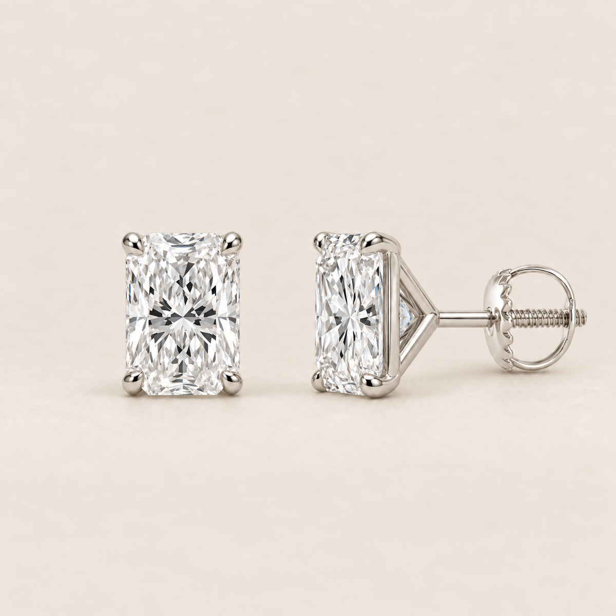 Radiant lab-grown diamond stud earrings, 14K white gold, 2 CT total weight per pair, martini setting with screw backs