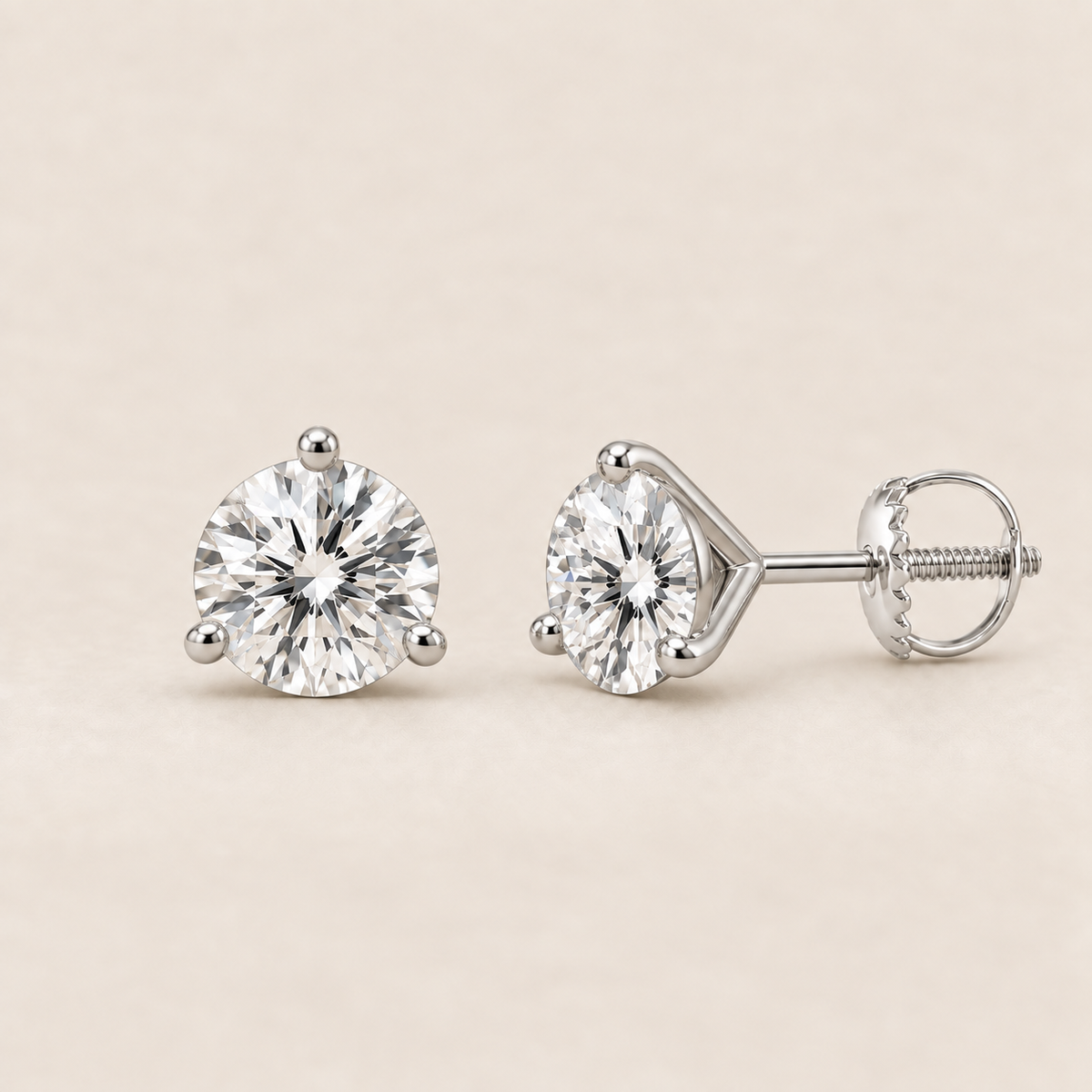 Round lab-grown diamond stud earrings, 14K white gold, 2 CT total weight per pair, martini setting with screw backs