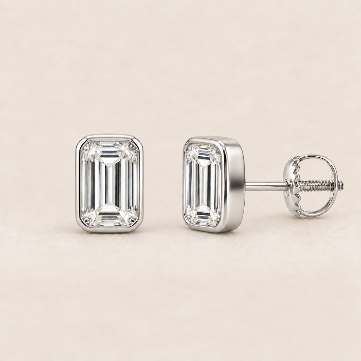 Emerald lab-grown diamond stud earrings, 14K white gold, 1 CT total weight per pair, bezel setting with screw backs