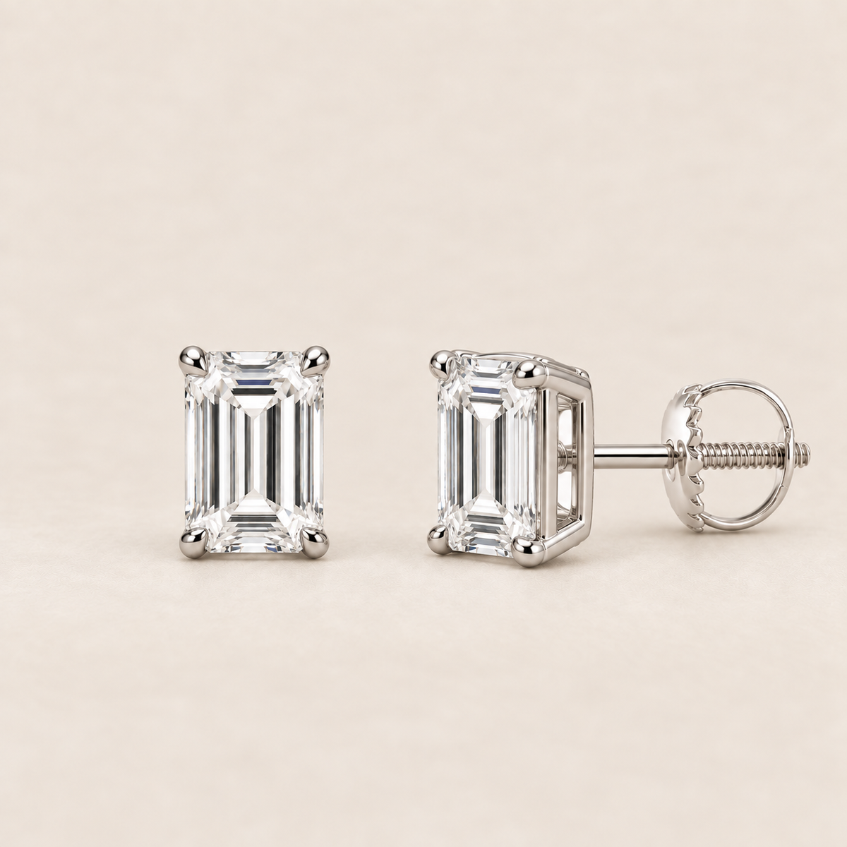 Emerald lab-grown diamond stud earrings, 14K white gold, 1 CT total weight per pair, classic setting with screw backs