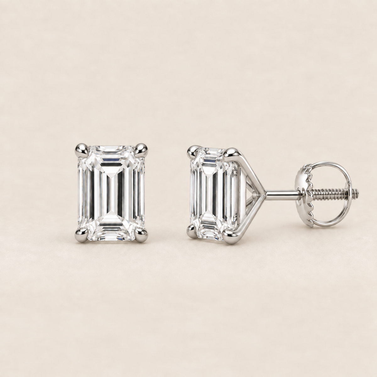 Emerald lab-grown diamond stud earrings, 14K white gold, 1 CT total weight per pair, martini setting with screw backs