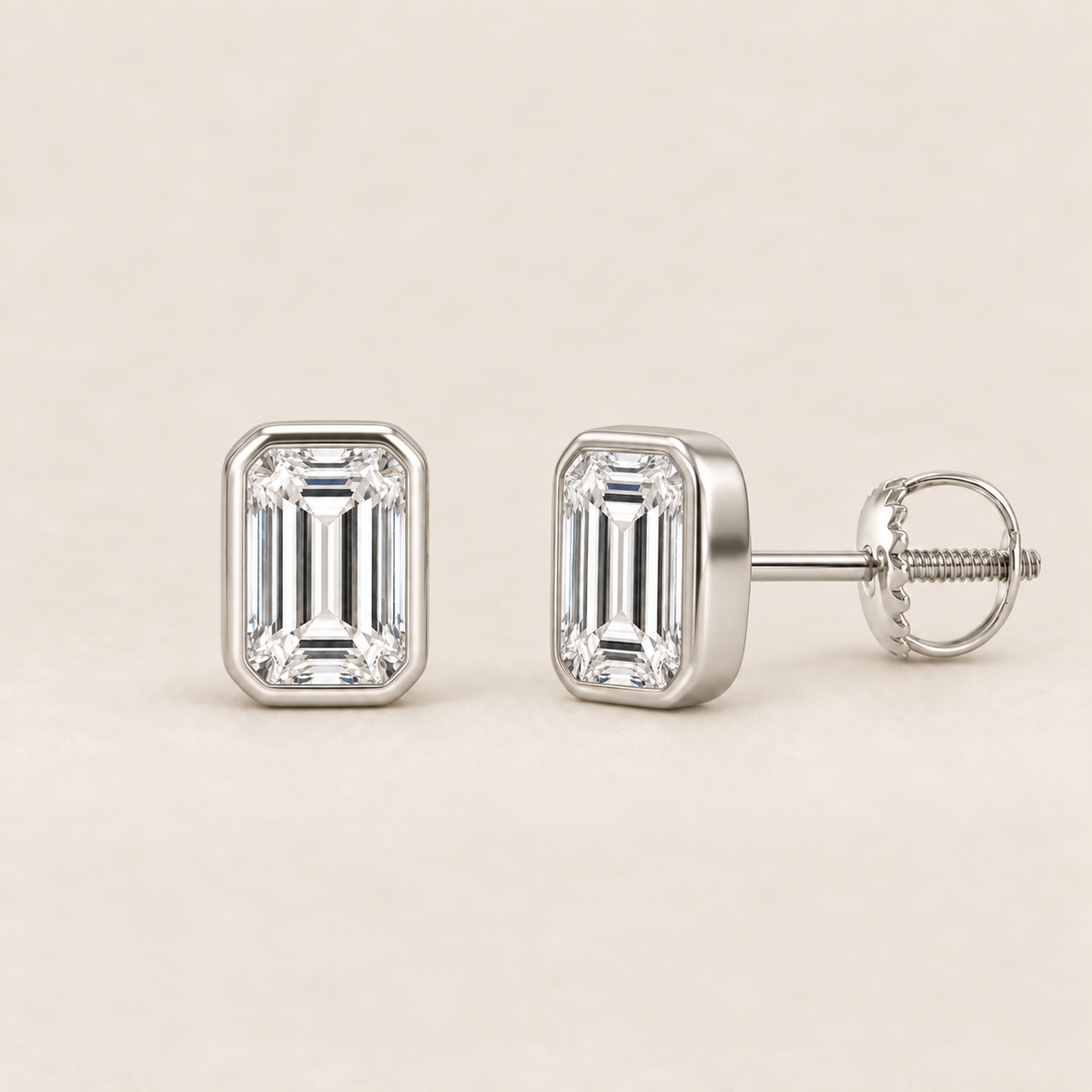 Emerald lab-grown diamond stud earrings, 14K white gold, 1.5 CT total weight per pair, bezel setting with screw backs