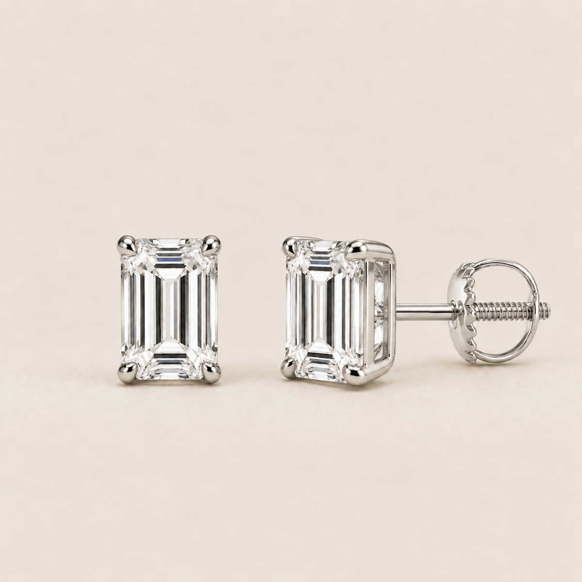 Emerald lab-grown diamond stud earrings, 14K white gold, 1.5 CT total weight per pair, classic setting with screw backs