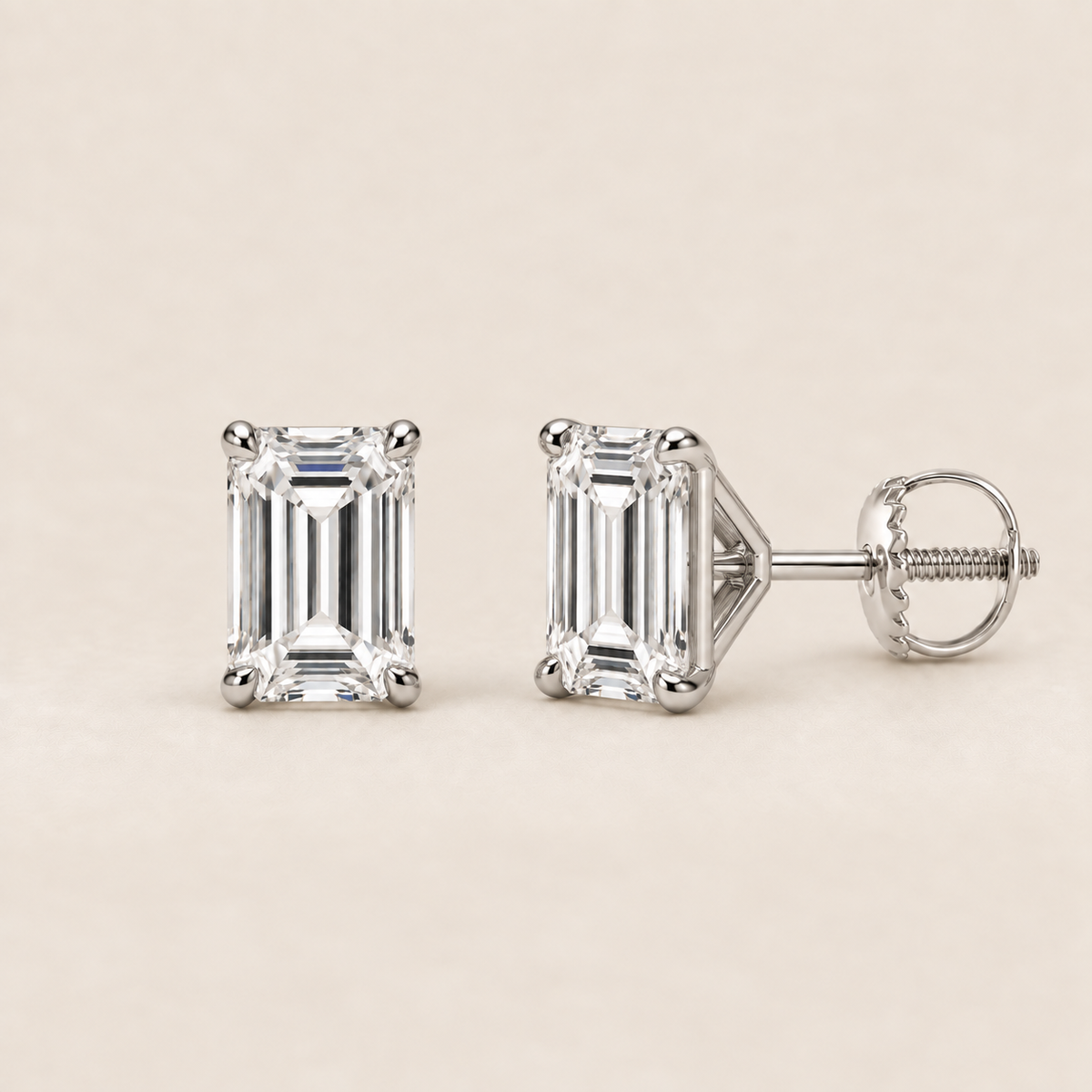 Emerald lab-grown diamond stud earrings, 14K white gold, 1.5 CT total weight per pair, martini setting with screw backs