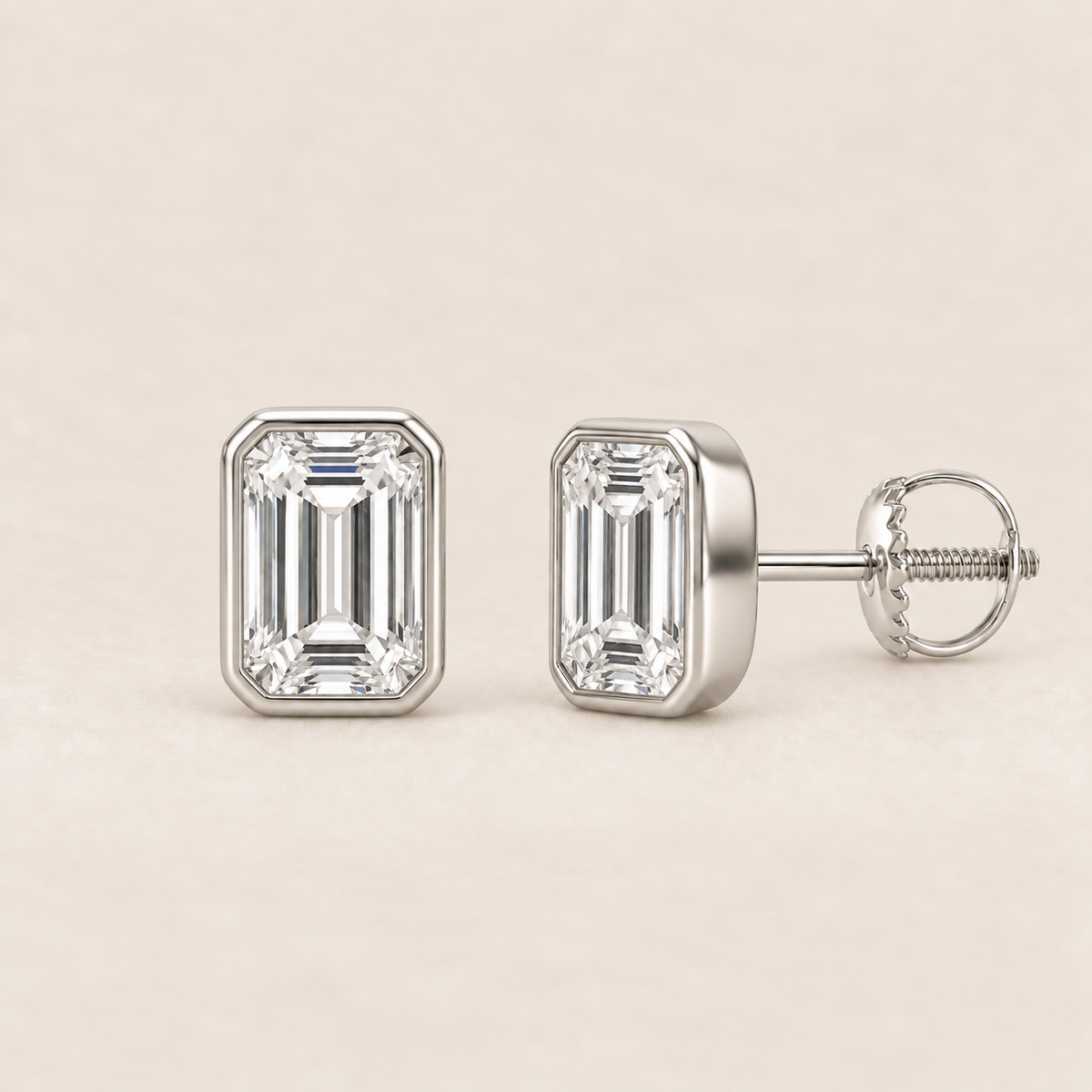 Emerald lab-grown diamond stud earrings, 14K white gold, 2 CT total weight per pair, bezel setting with screw backs