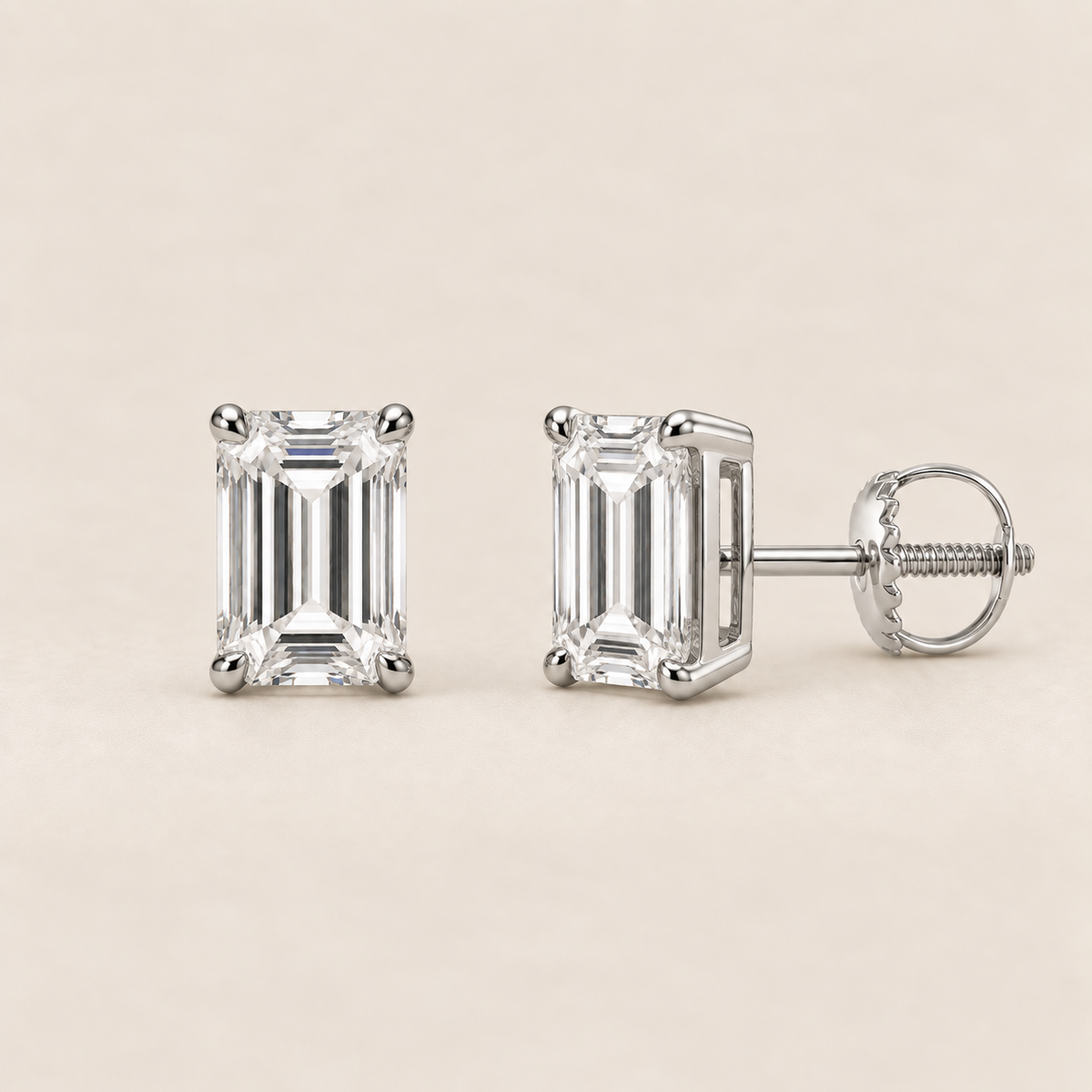 Emerald lab-grown diamond stud earrings, 14K white gold, 2 CT total weight per pair, classic setting with screw backs