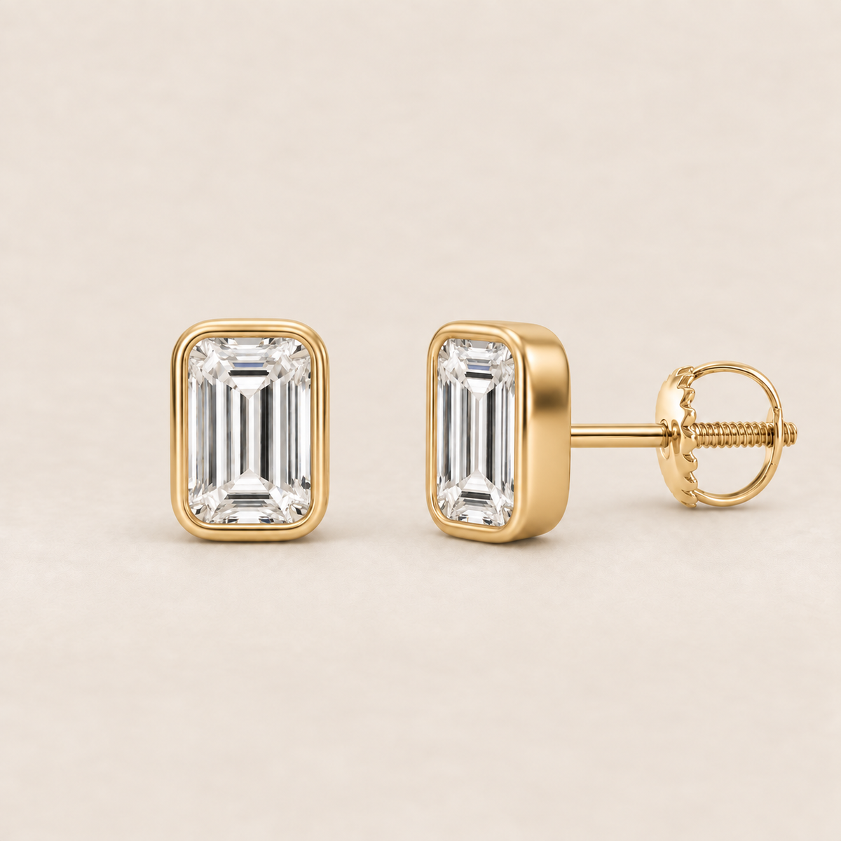 Emerald lab-grown diamond stud earrings, 14K yellow gold, 1 CT total weight per pair, bezel setting with screw backs