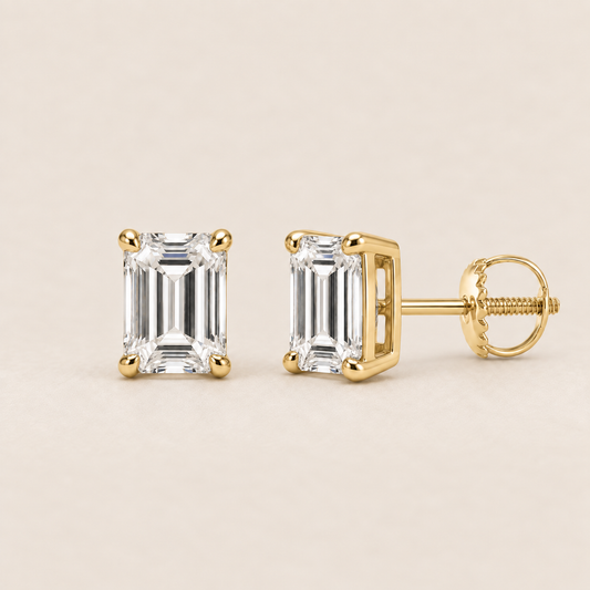 Emerald lab-grown diamond stud earrings, 14K yellow gold, 1 CT total weight per pair, classic setting with screw backs