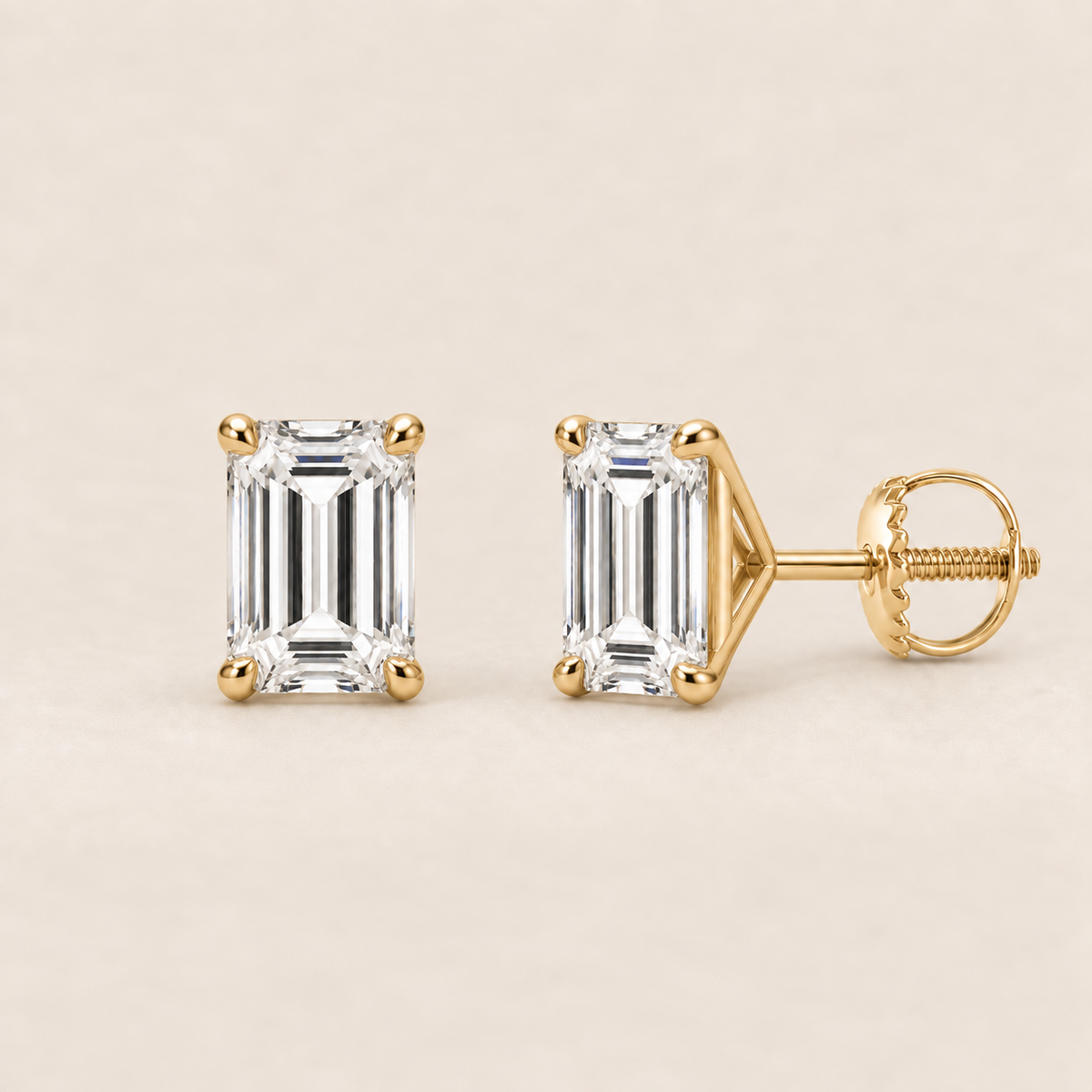 Emerald lab-grown diamond stud earrings, 14K yellow gold, 1 CT total weight per pair, martini setting with screw backs