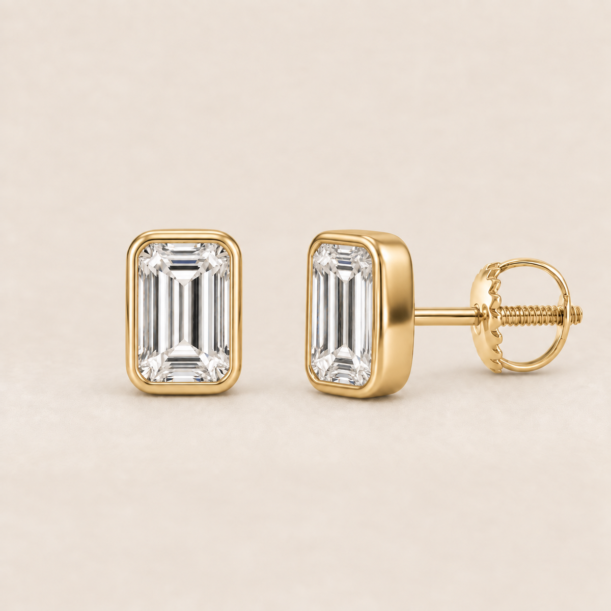Emerald lab-grown diamond stud earrings, 14K yellow gold, 1.5 CT total weight per pair, bezel setting with screw backs