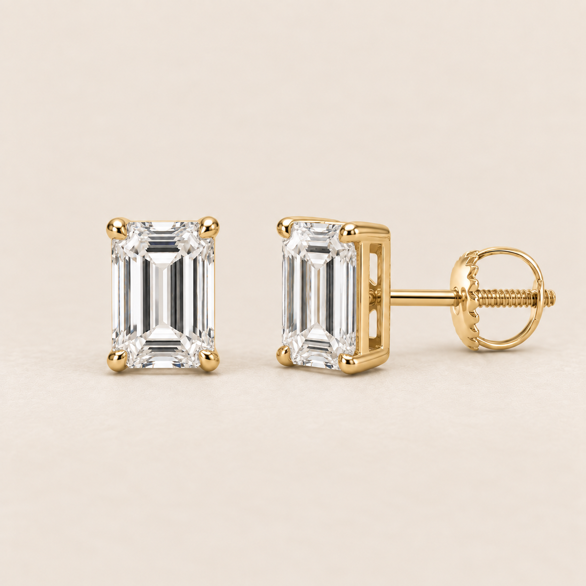Emerald lab-grown diamond stud earrings, 14K yellow gold, 1.5 CT total weight per pair, classic setting with screw backs