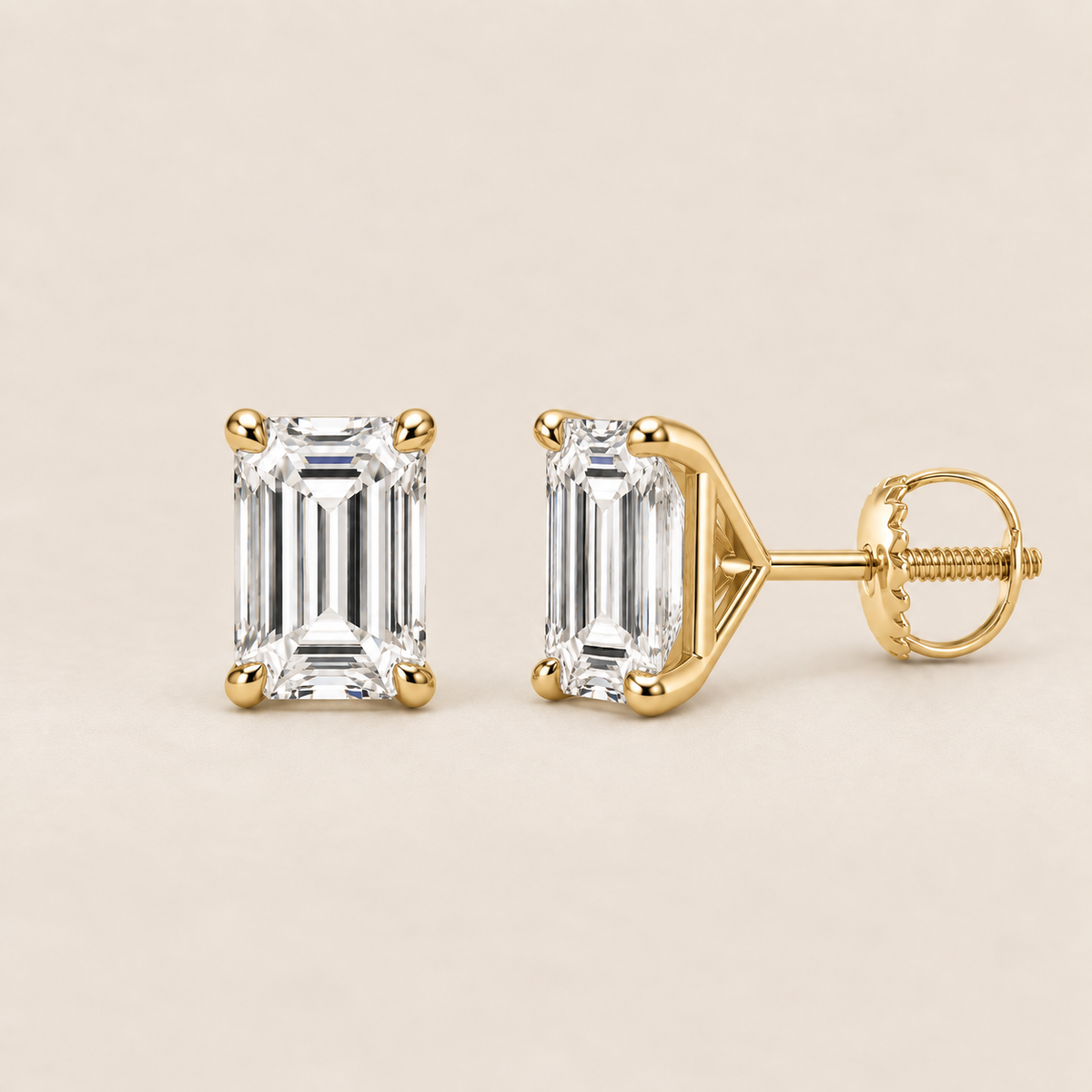 Emerald lab-grown diamond stud earrings, 14K yellow gold, 1.5 CT total weight per pair, martini setting with screw backs