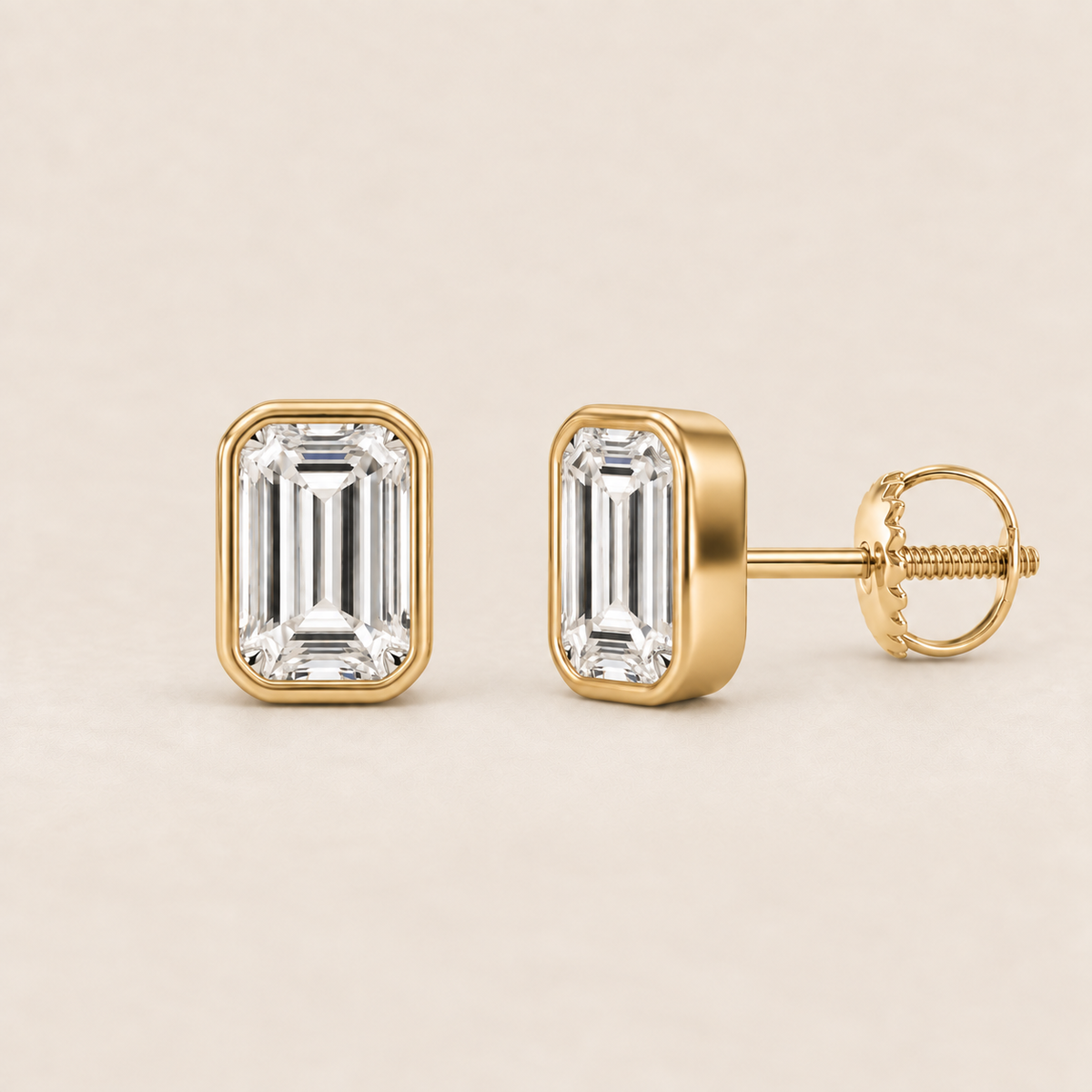 Emerald lab-grown diamond stud earrings, 14K yellow gold, 2 CT total weight per pair, bezel setting with screw backs