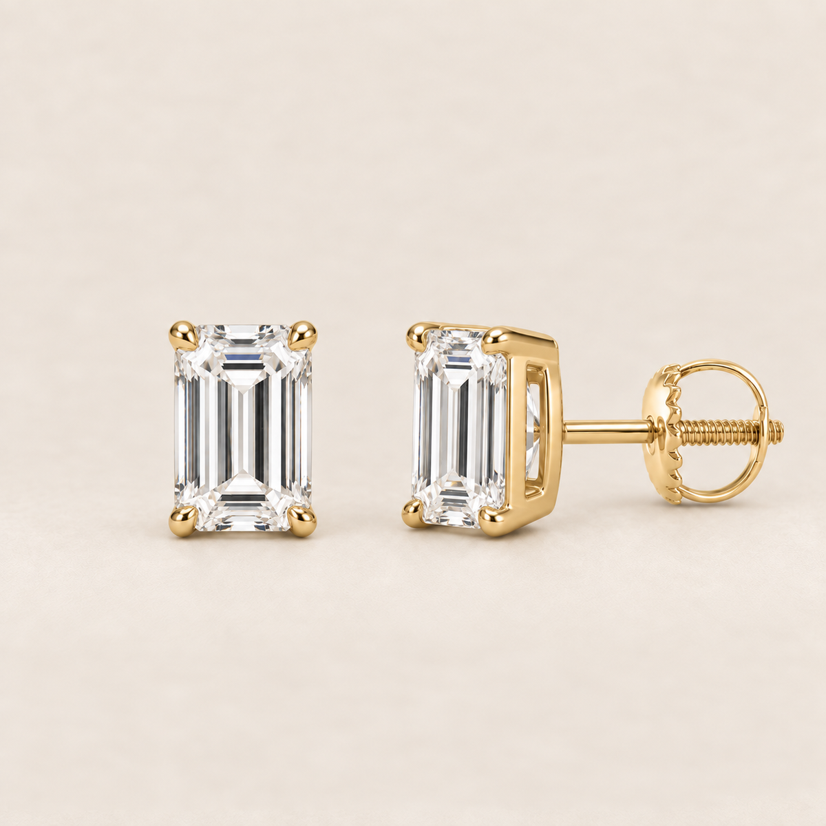 Emerald lab-grown diamond stud earrings, 14K yellow gold, 2 CT total weight per pair, classic setting with screw backs