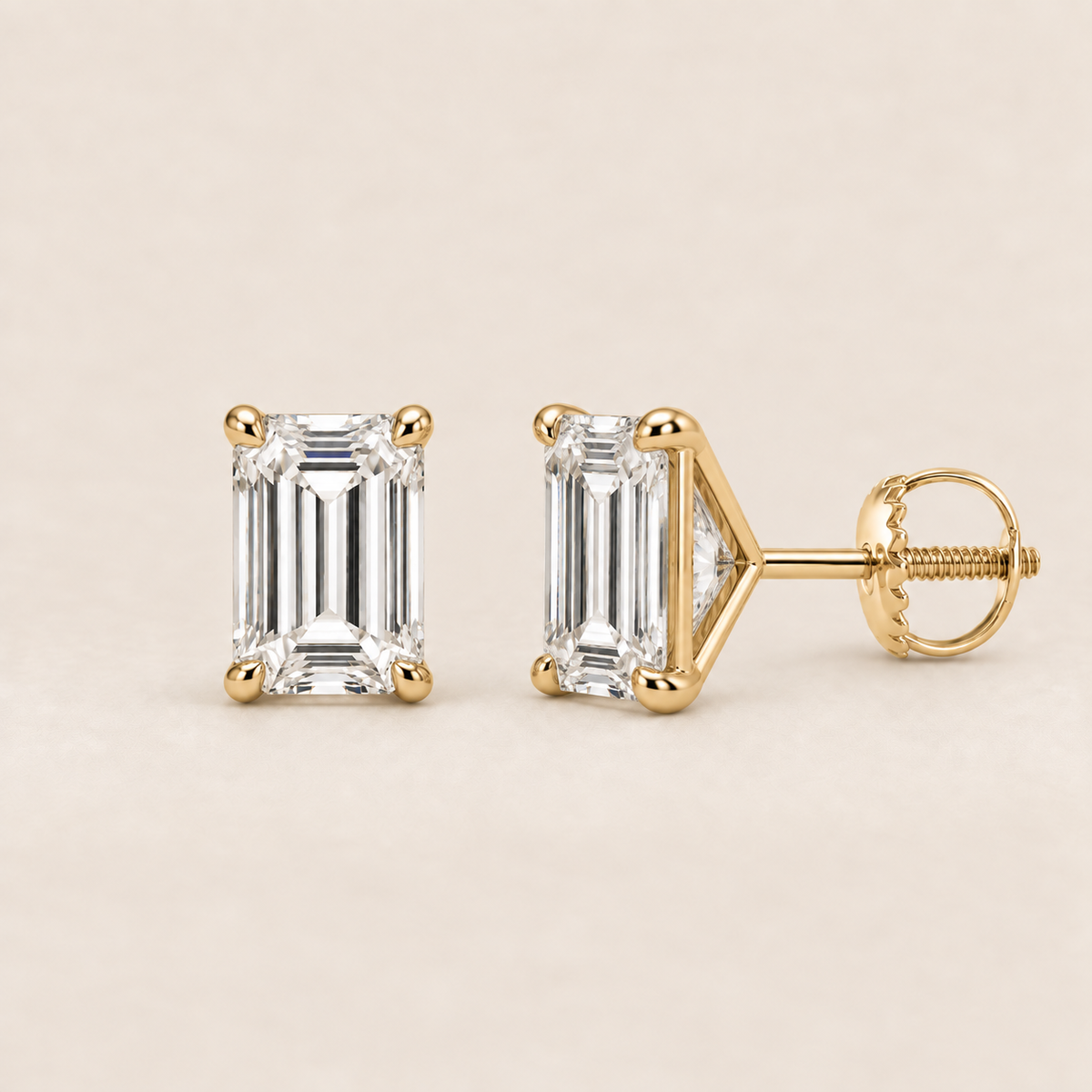 Emerald lab-grown diamond stud earrings, 14K yellow gold, 2 CT total weight per pair, martini setting with screw backs