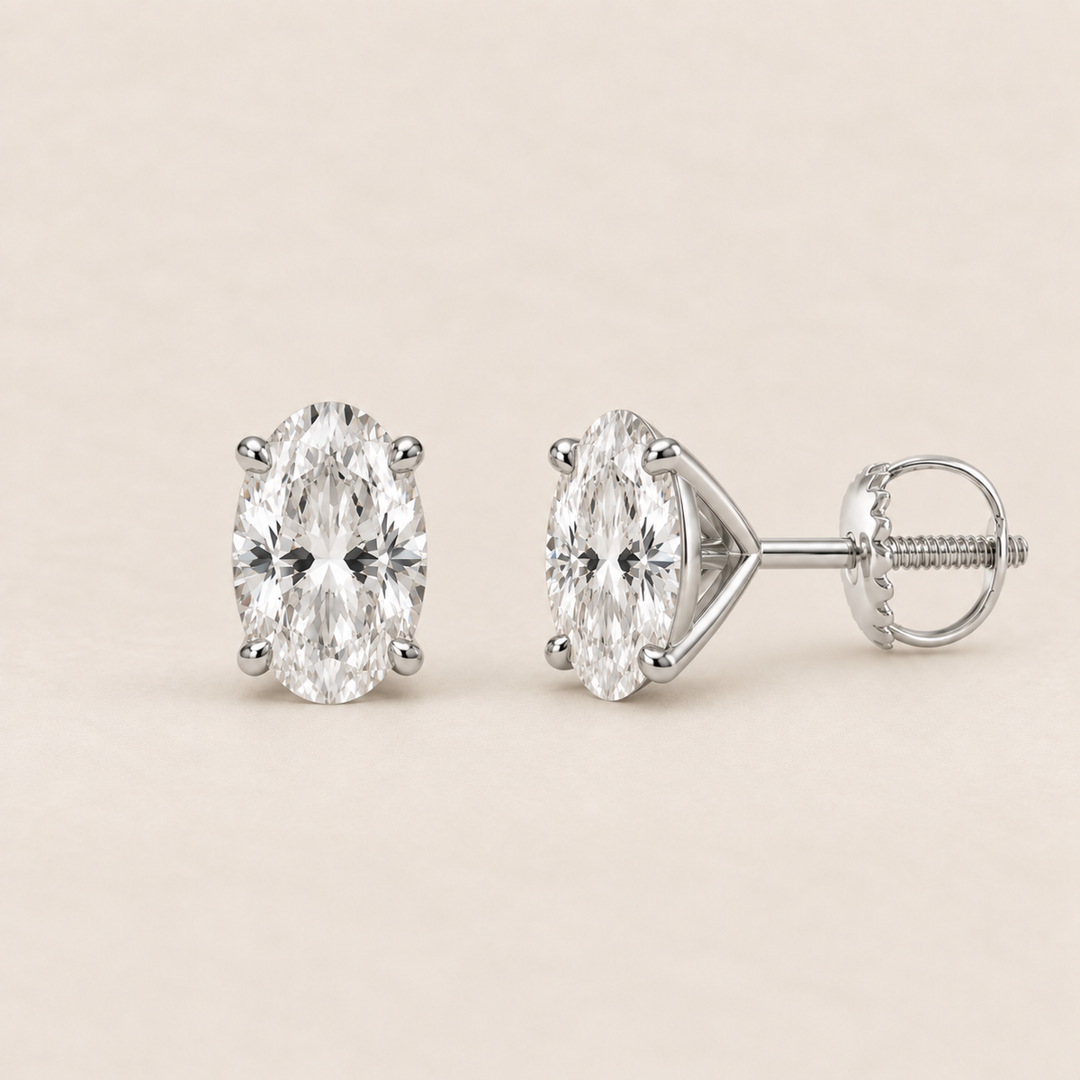 Oval lab-grown diamond stud earrings, 14K white gold, 1 CT total weight per pair, martini setting with screw backs