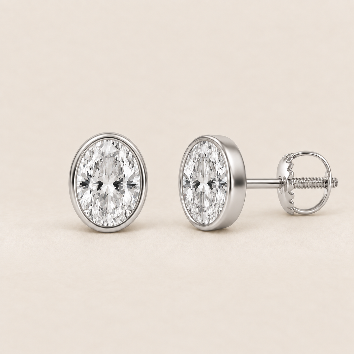 Oval lab-grown diamond stud earrings, 14K white gold, 1.5 CT total weight per pair, bezel setting with screw backs