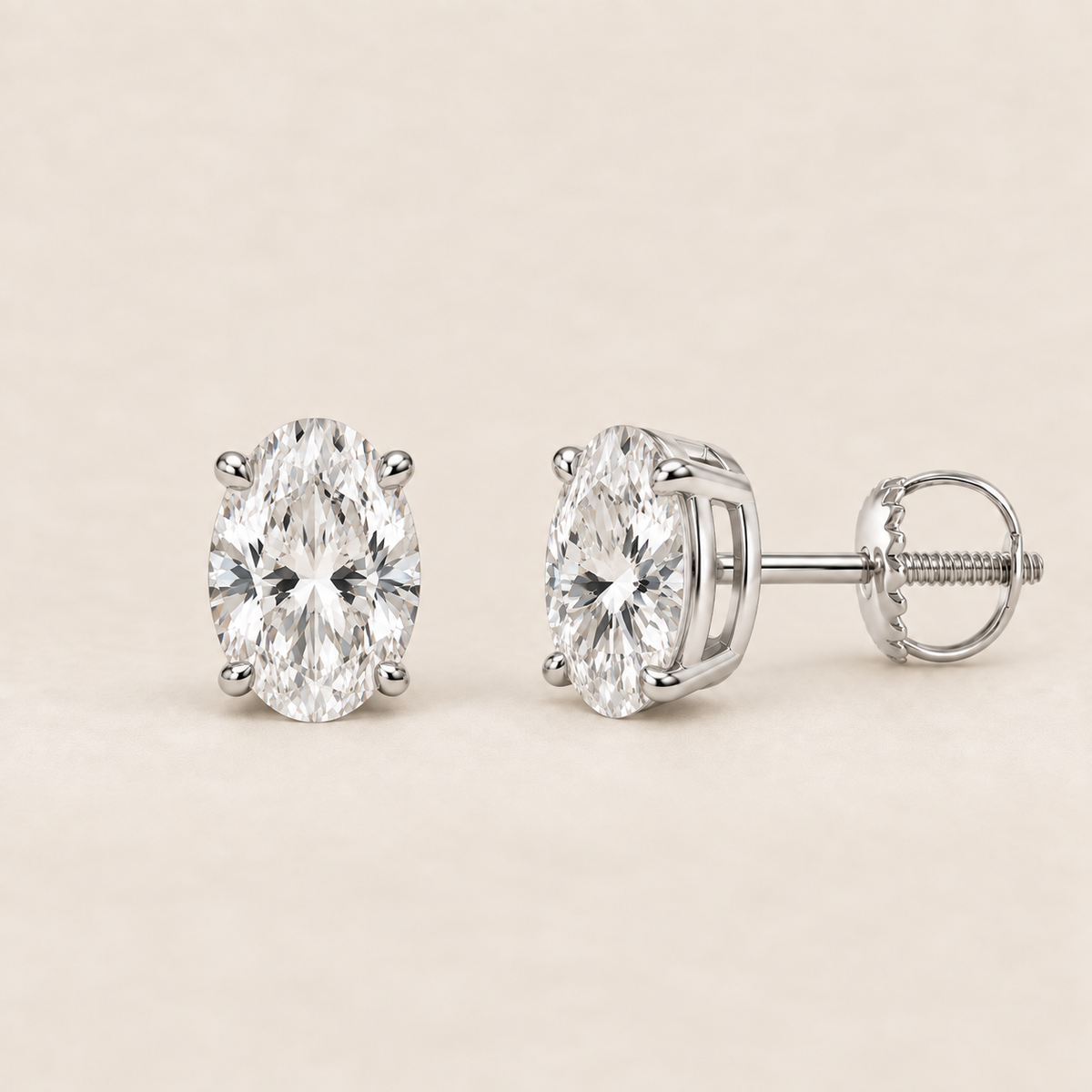 Oval lab-grown diamond stud earrings, 14K white gold, 1.5 CT total weight per pair, classic setting with screw backs