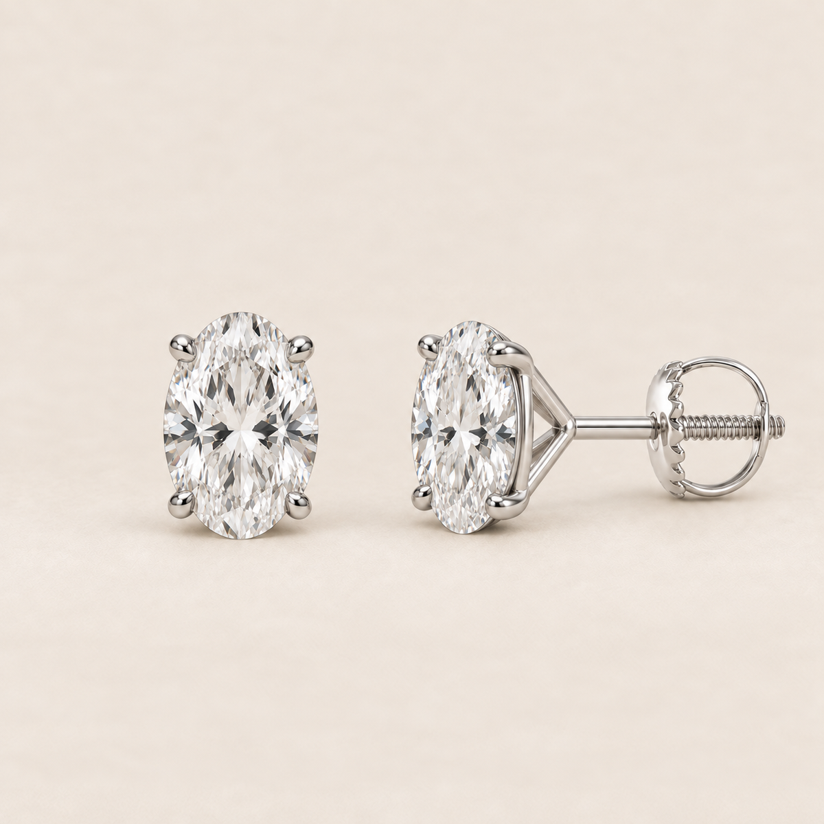 Oval lab-grown diamond stud earrings, 14K white gold, 1.5 CT total weight per pair, martini setting with screw backs