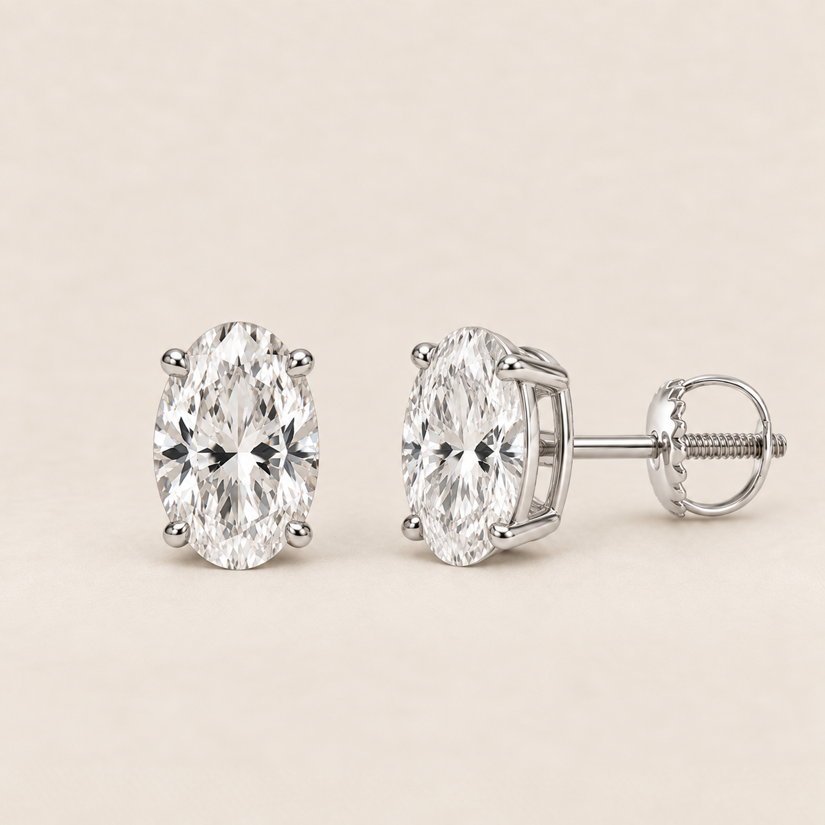 Oval lab-grown diamond stud earrings, 14K white gold, 2 CT total weight per pair, classic setting with screw backs