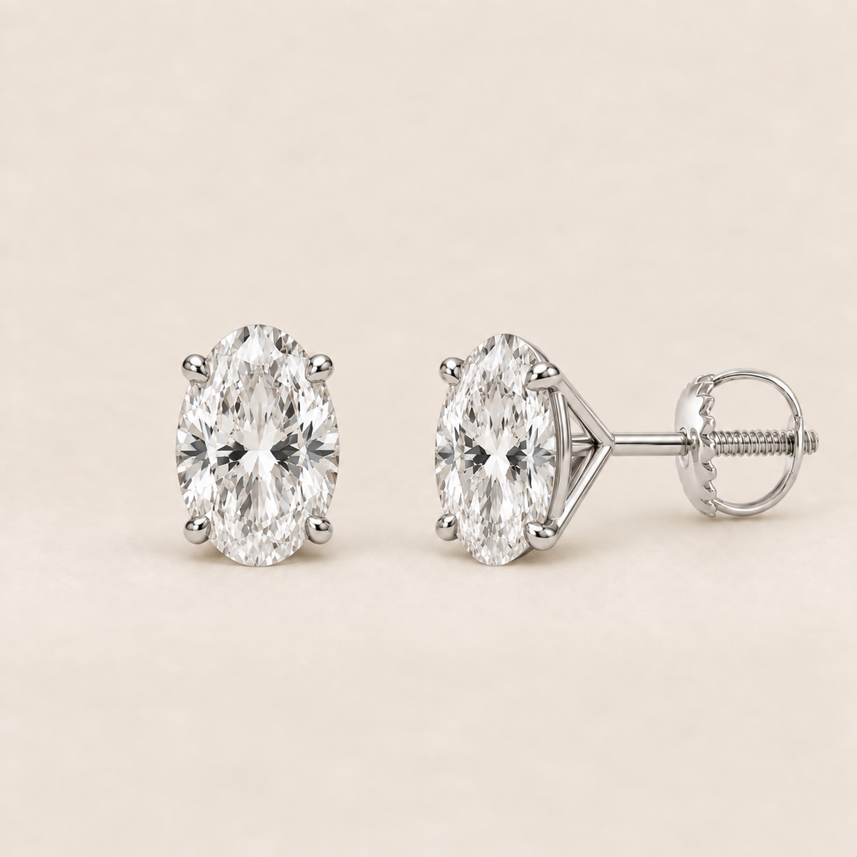 Oval lab-grown diamond stud earrings, 14K white gold, 2 CT total weight per pair, martini setting with screw backs