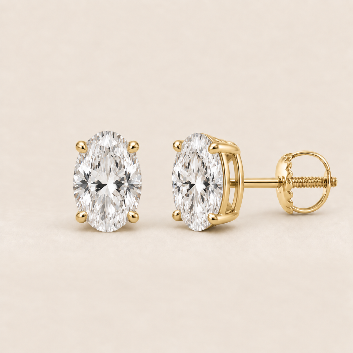 Oval lab-grown diamond stud earrings, 14K yellow gold, 1 CT total weight per pair, classic setting with screw backs