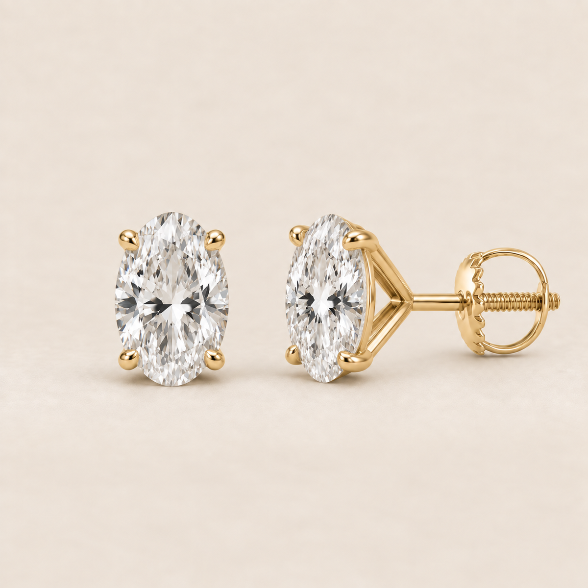 Oval lab-grown diamond stud earrings, 14K yellow gold, 1 CT total weight per pair, martini setting with screw backs