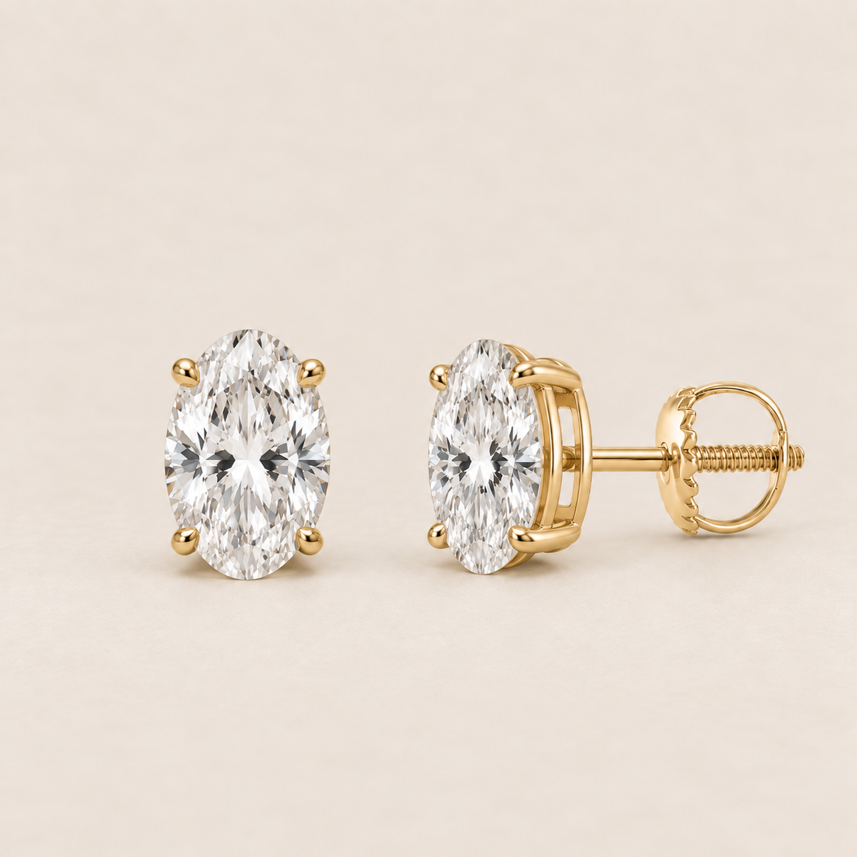 Oval lab-grown diamond stud earrings, 14K yellow gold, 2 CT total weight per pair, classic setting with screw backs