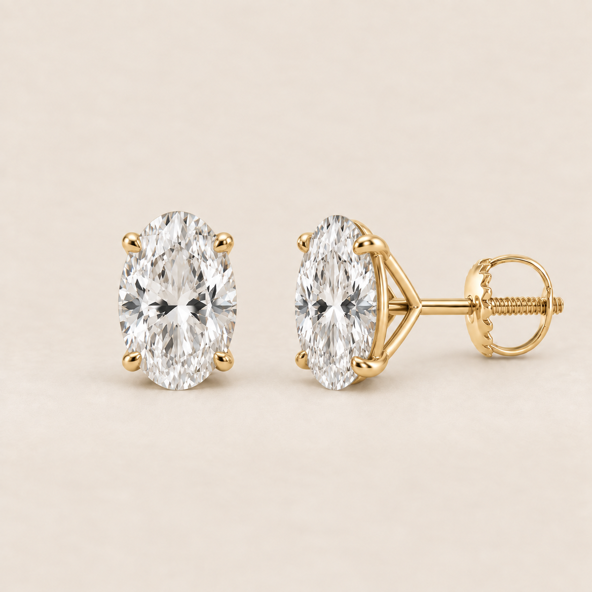 Oval lab-grown diamond stud earrings, 14K yellow gold, 2 CT total weight per pair, martini setting with screw backs