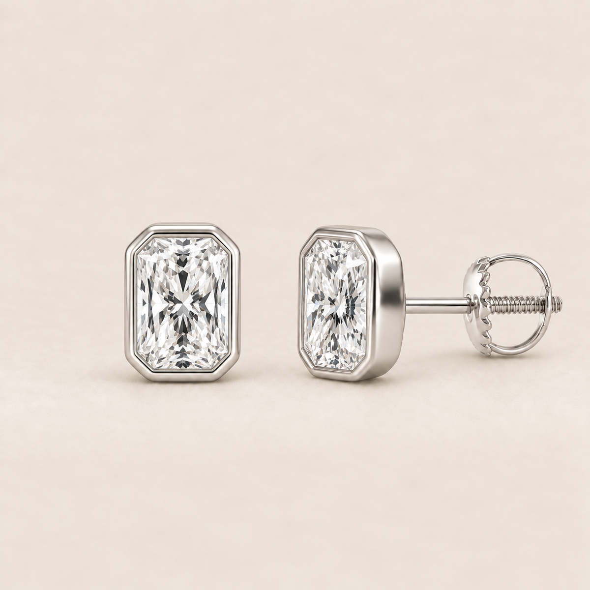 Radiant lab-grown diamond stud earrings, 14K white gold, 1 CT total weight per pair, bezel setting with screw backs