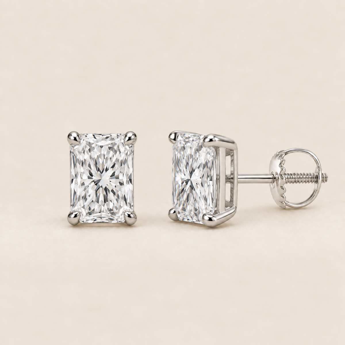 Radiant lab-grown diamond stud earrings, 14K white gold, 1 CT total weight per pair, classic setting with screw backs