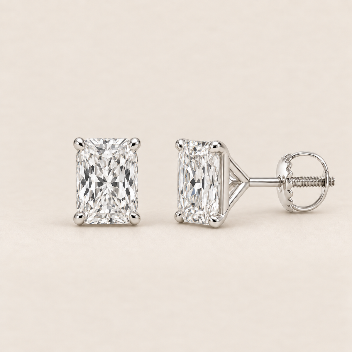 Radiant lab-grown diamond stud earrings, 14K white gold, 1 CT total weight per pair, martini setting with screw backs