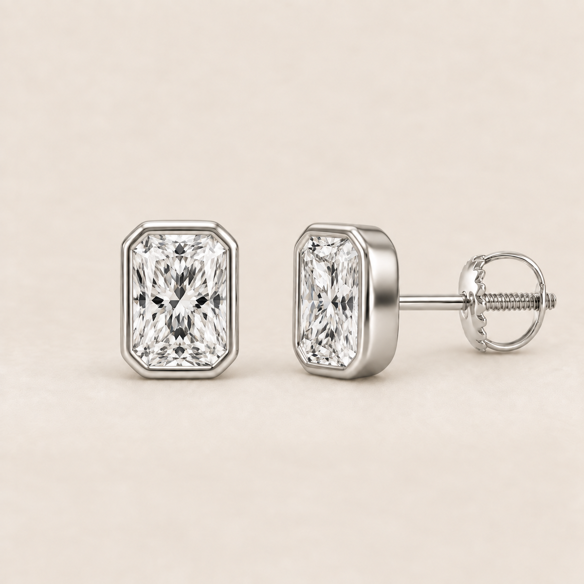 Radiant lab-grown diamond stud earrings, 14K white gold, 1.5 CT total weight per pair, bezel setting with screw backs