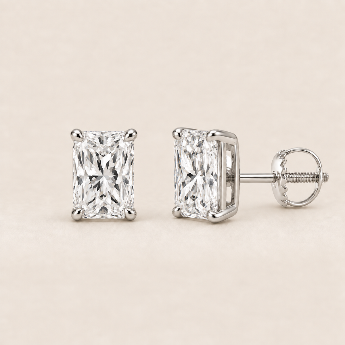 Radiant lab-grown diamond stud earrings, 14K white gold, 1.5 CT total weight per pair, classic setting with screw backs