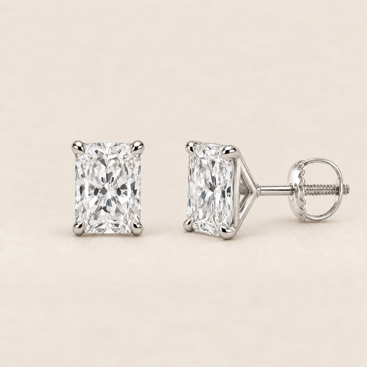 Radiant lab-grown diamond stud earrings, 14K white gold, 1.5 CT total weight per pair, martini setting with screw backs
