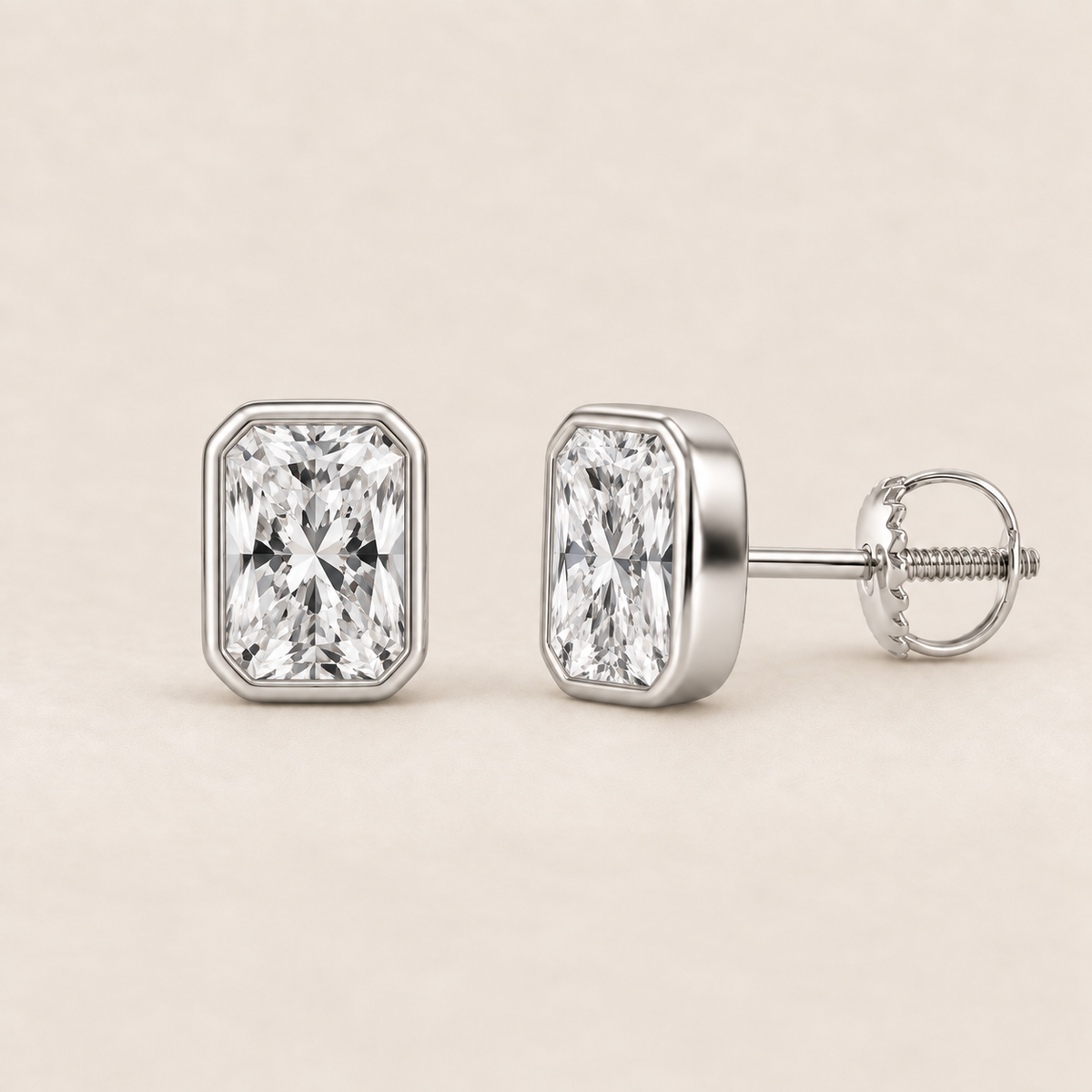 Radiant lab-grown diamond stud earrings, 14K white gold, 2 CT total weight per pair, bezel setting with screw backs