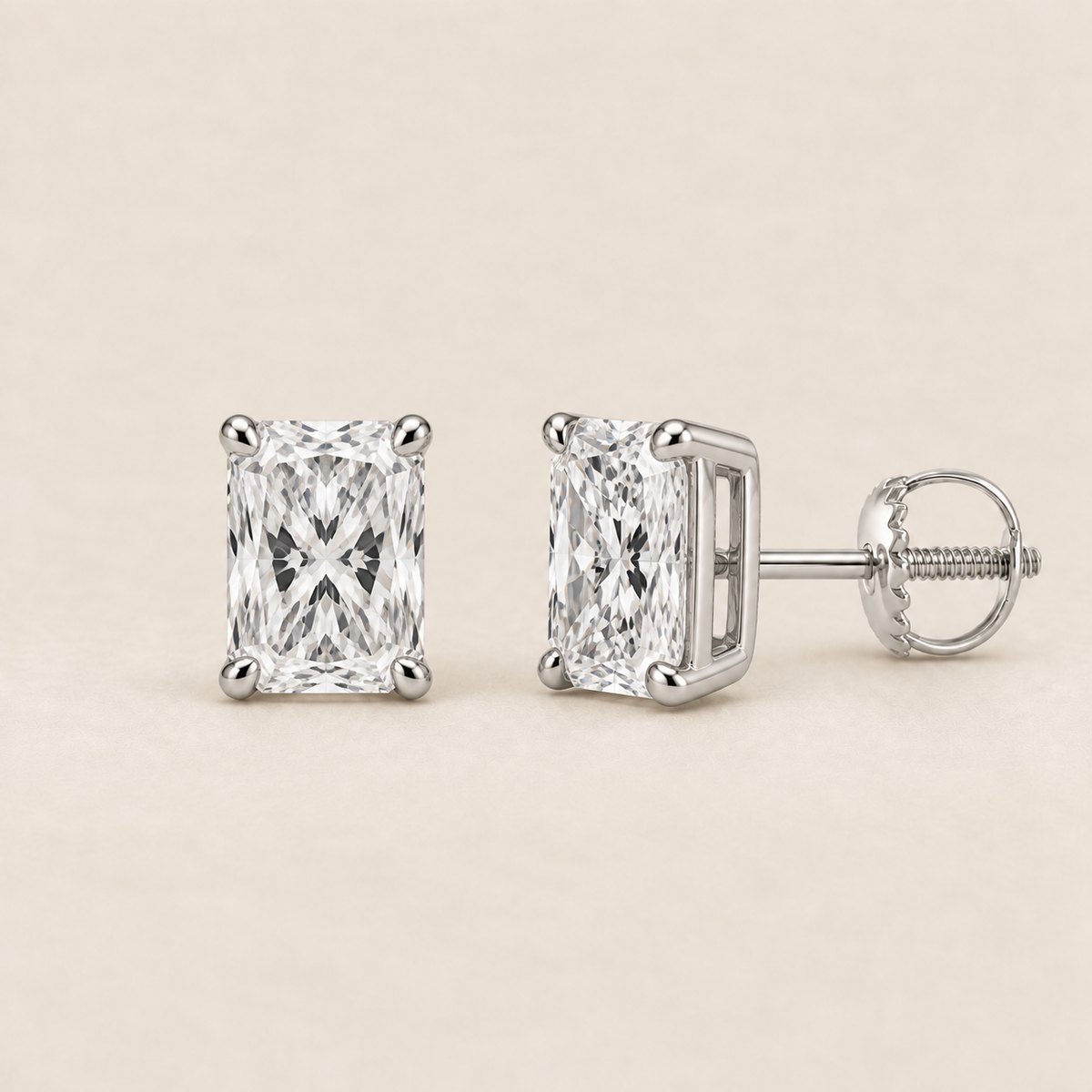 Radiant lab-grown diamond stud earrings, 14K white gold, 2 CT total weight per pair, classic setting with screw backs
