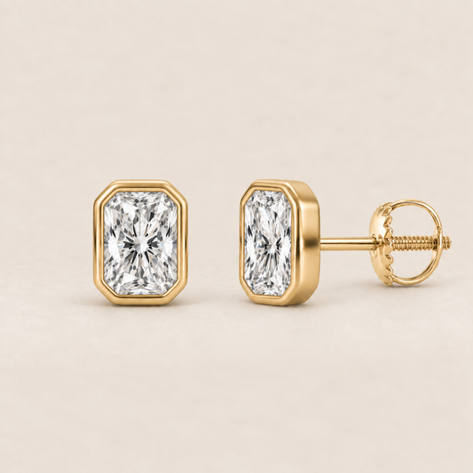 Radiant lab-grown diamond stud earrings, 14K yellow gold, 1 CT total weight per pair, bezel setting with screw backs