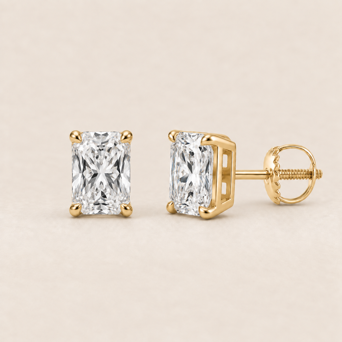 Radiant lab-grown diamond stud earrings, 14K yellow gold, 1 CT total weight per pair, classic setting with screw backs
