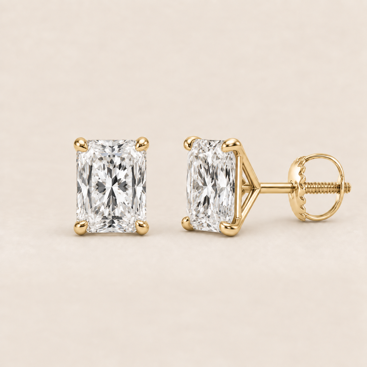 Radiant lab-grown diamond stud earrings, 14K yellow gold, 1 CT total weight per pair, martini setting with screw backs