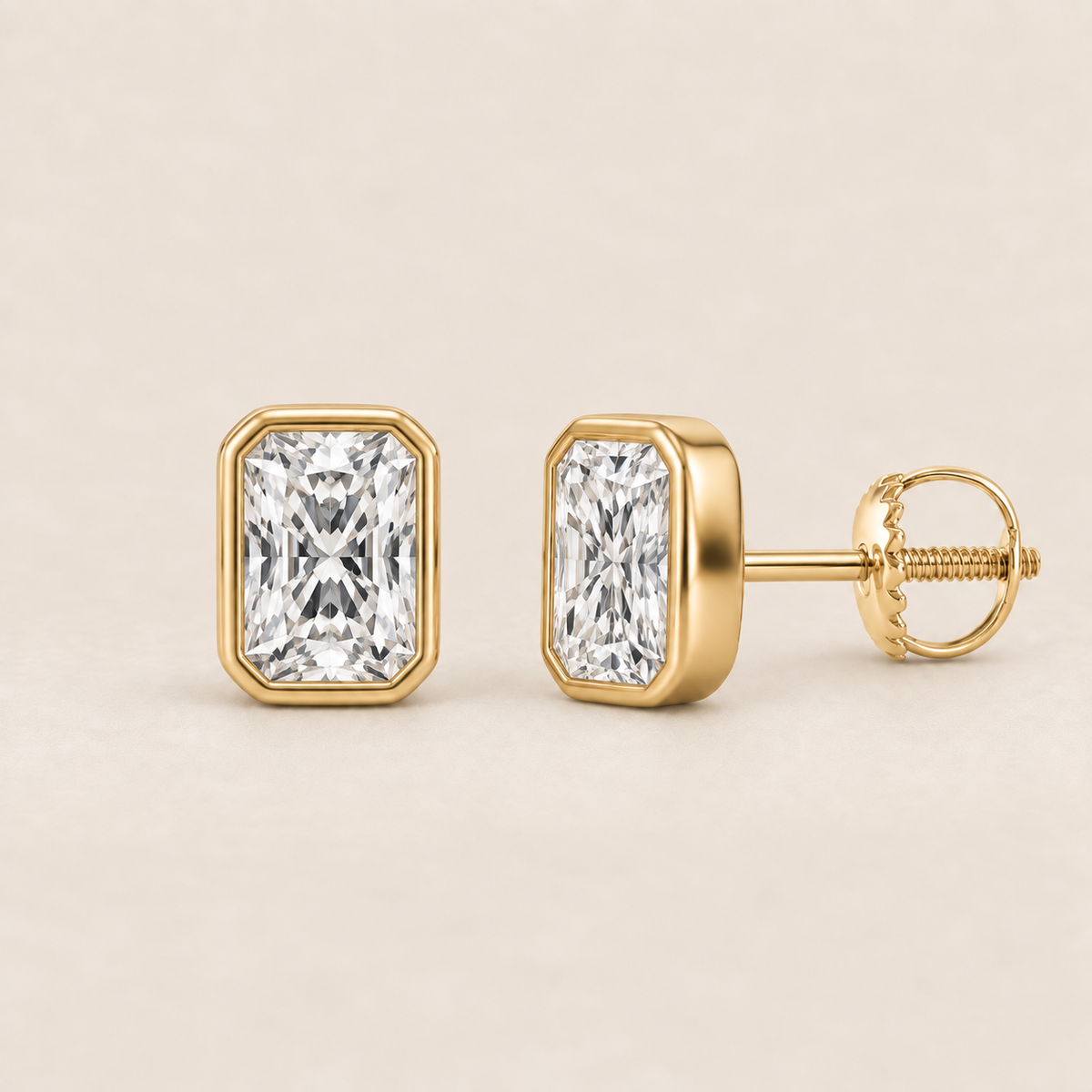 Radiant lab-grown diamond stud earrings, 14K yellow gold, 1.5 CT total weight per pair, bezel setting with screw backs