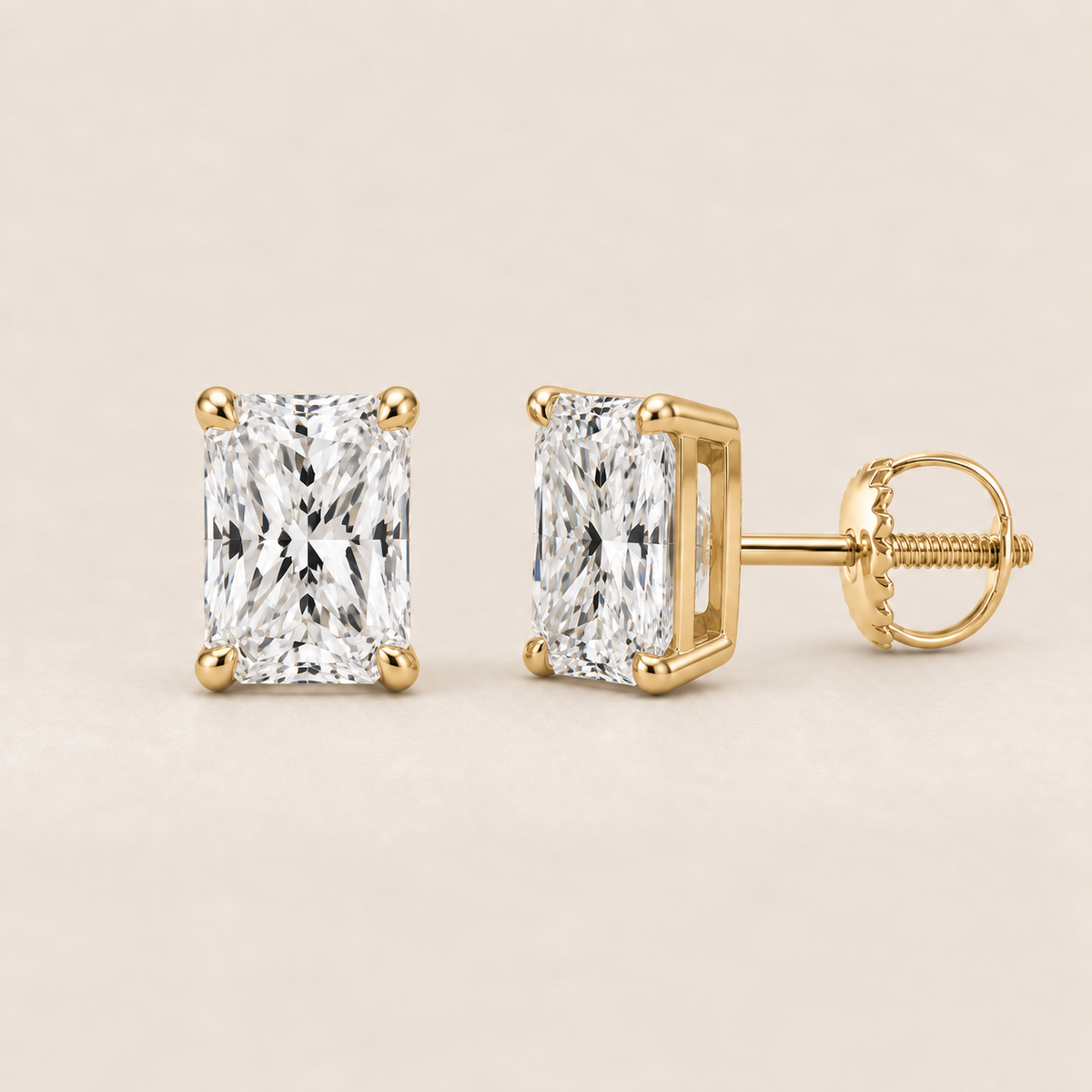 Radiant lab-grown diamond stud earrings, 14K yellow gold, 1.5 CT total weight per pair, classic setting with screw backs