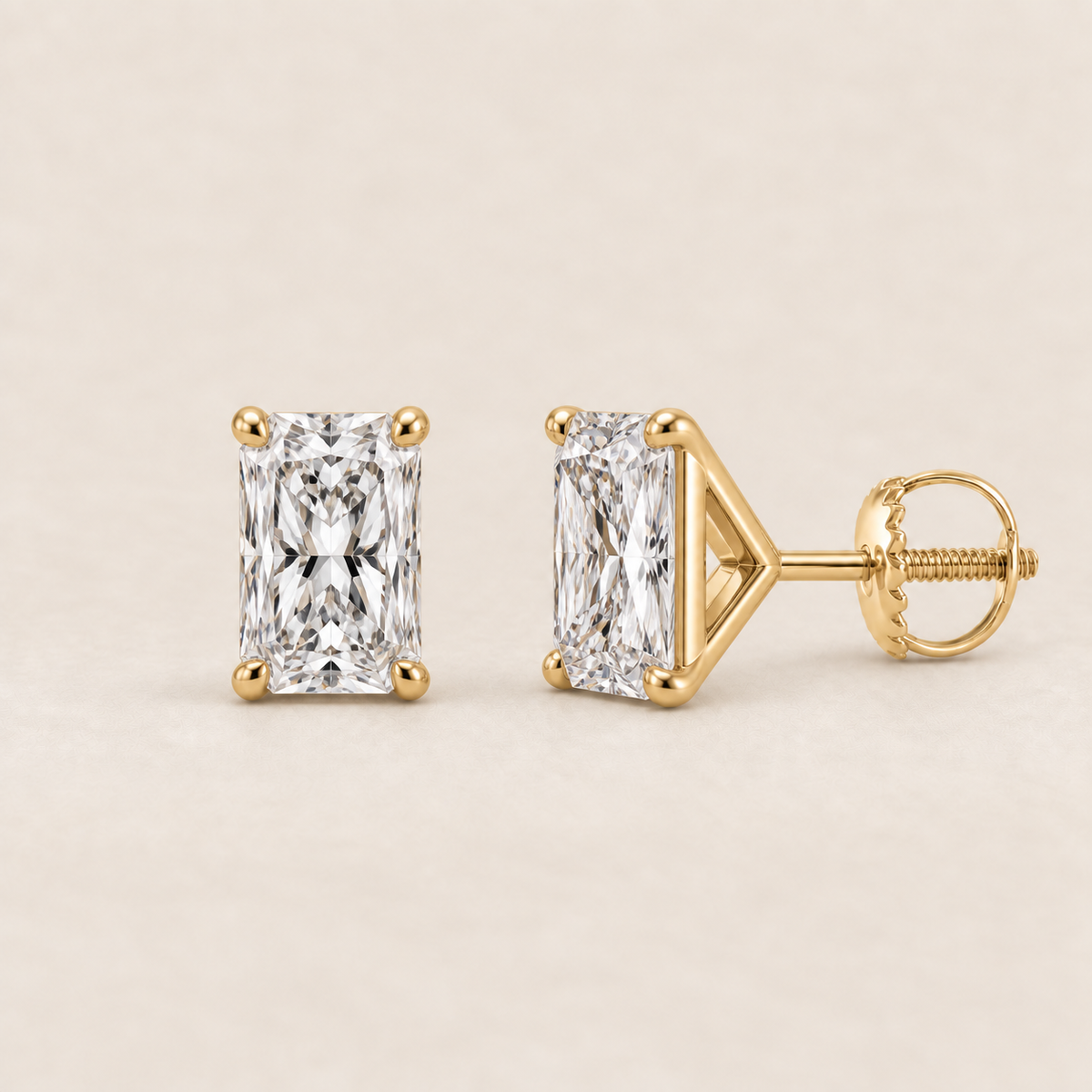 Radiant lab-grown diamond stud earrings, 14K yellow gold, 1.5 CT total weight per pair, martini setting with screw backs