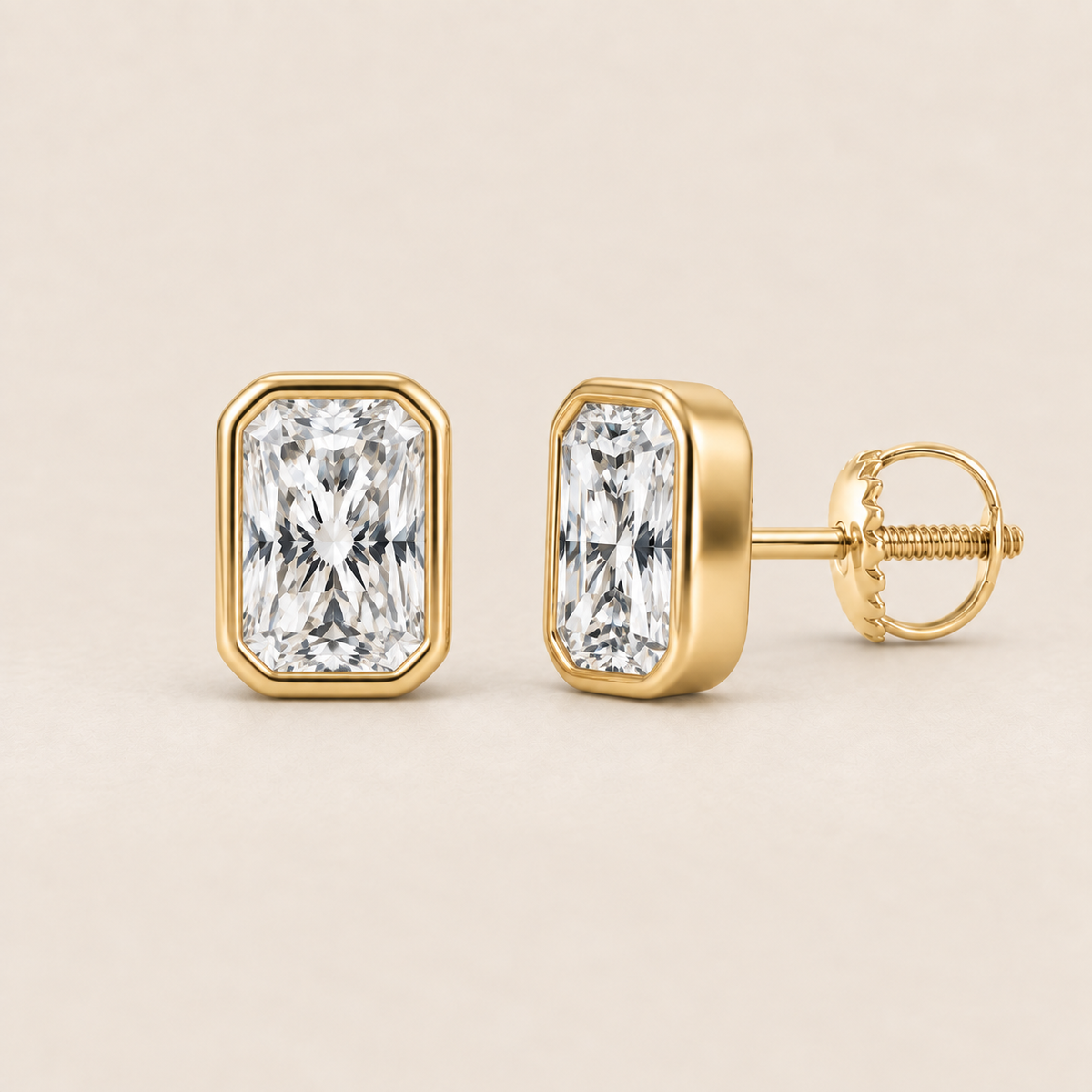 Radiant lab-grown diamond stud earrings, 14K yellow gold, 2 CT total weight per pair, bezel setting with screw backs