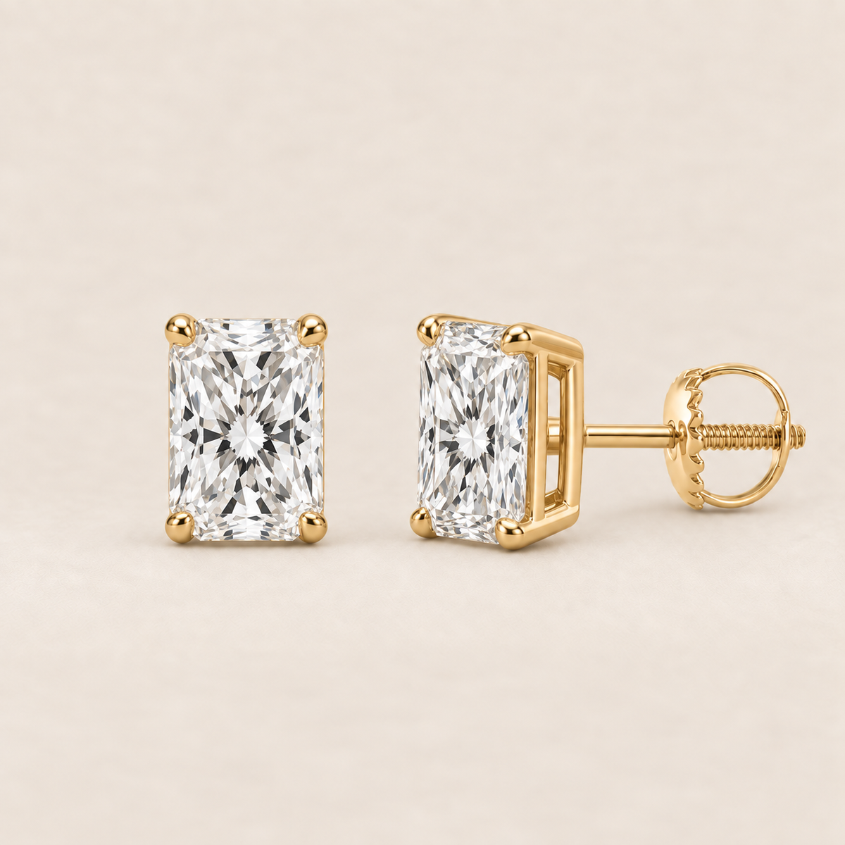 Radiant lab-grown diamond stud earrings, 14K yellow gold, 2 CT total weight per pair, classic setting with screw backs