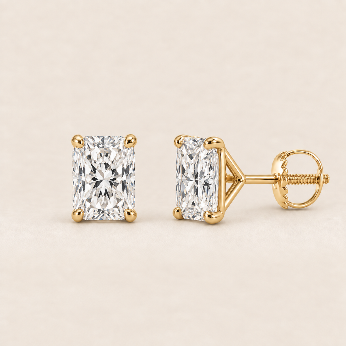 Radiant lab-grown diamond stud earrings, 14K yellow gold, 2 CT total weight per pair, martini setting with screw backs