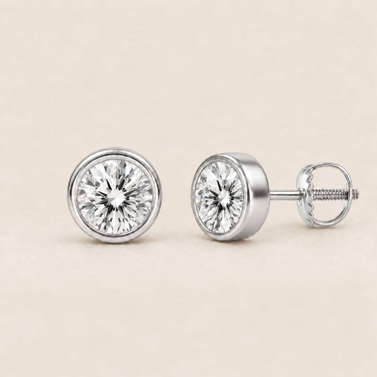 Round lab-grown diamond stud earrings, 14K white gold, 1 CT total weight per pair, bezel setting with screw backs