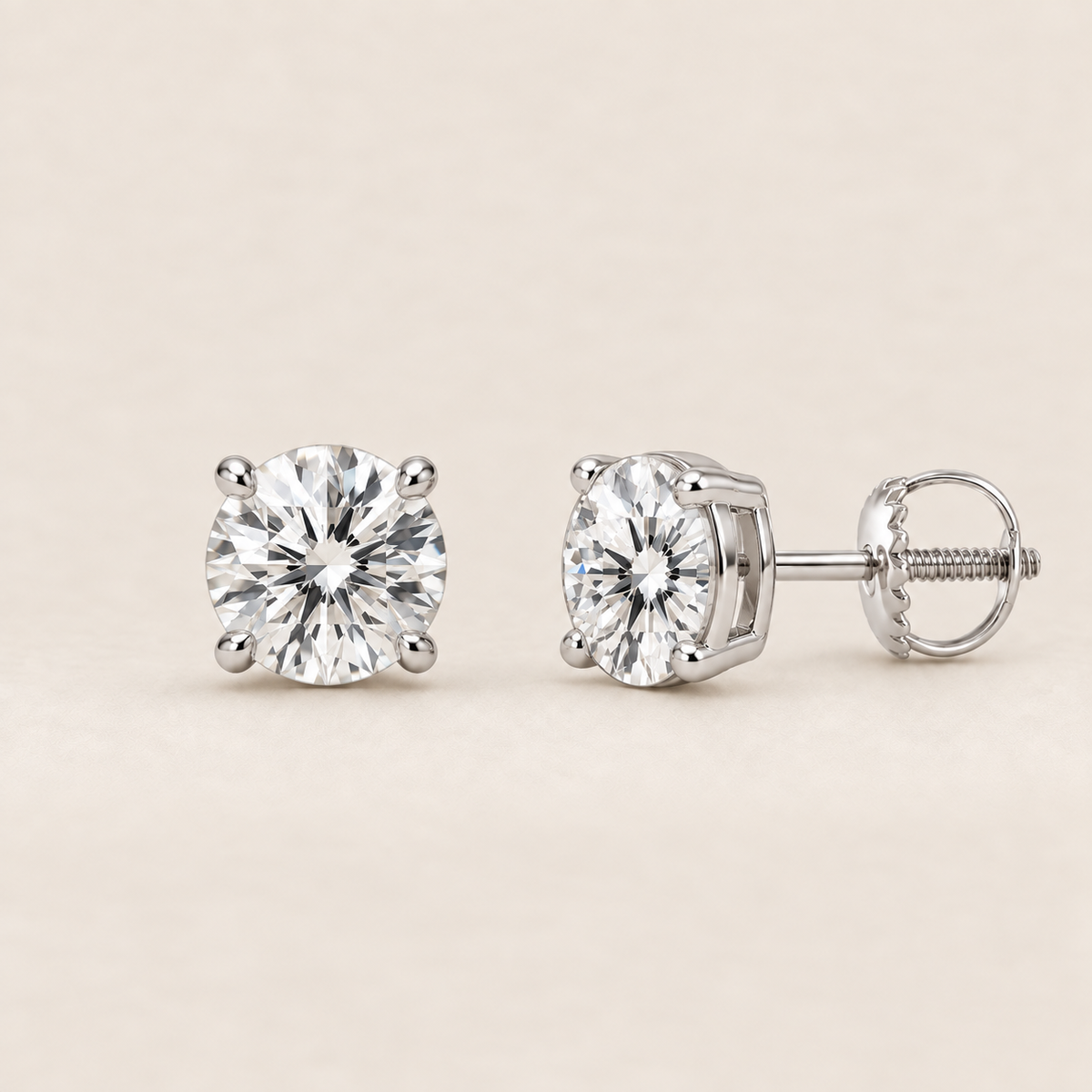 Round lab-grown diamond stud earrings, 14K white gold, 1 CT total weight per pair, classic setting with screw backs