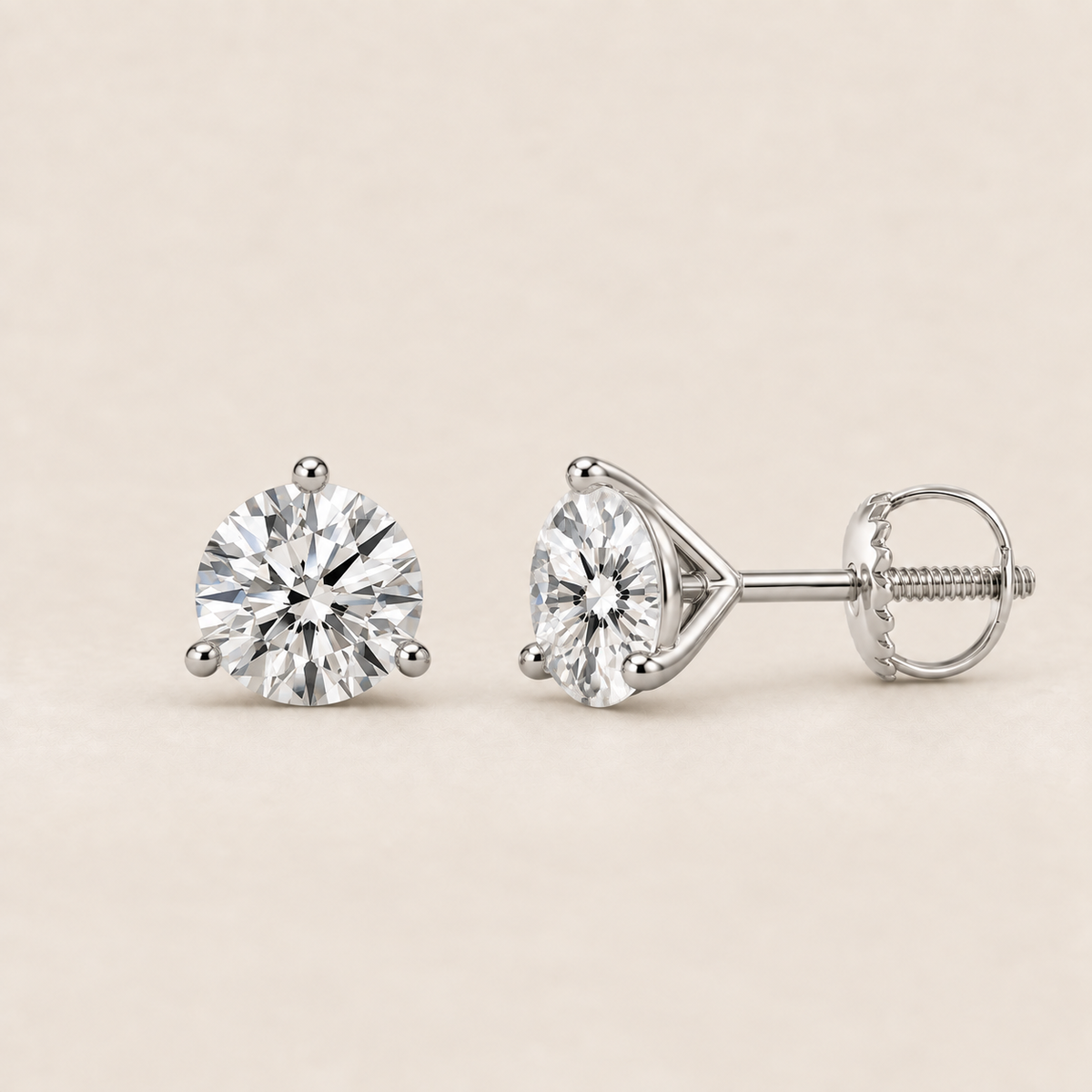 Round lab-grown diamond stud earrings, 14K white gold, 1 CT total weight per pair, martini setting with screw backs